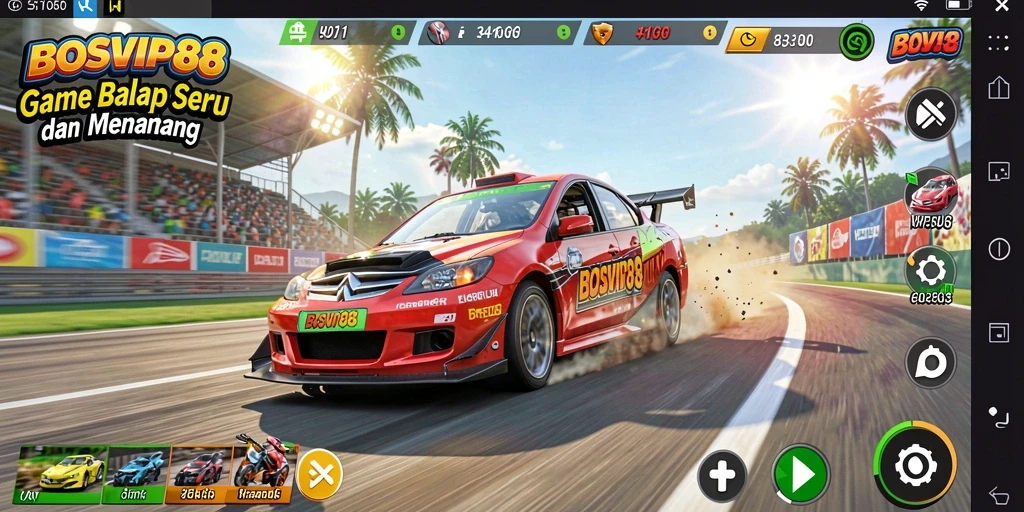 Screenshot gameplay BOSVIP88 yang menunjukkan balapan seru.