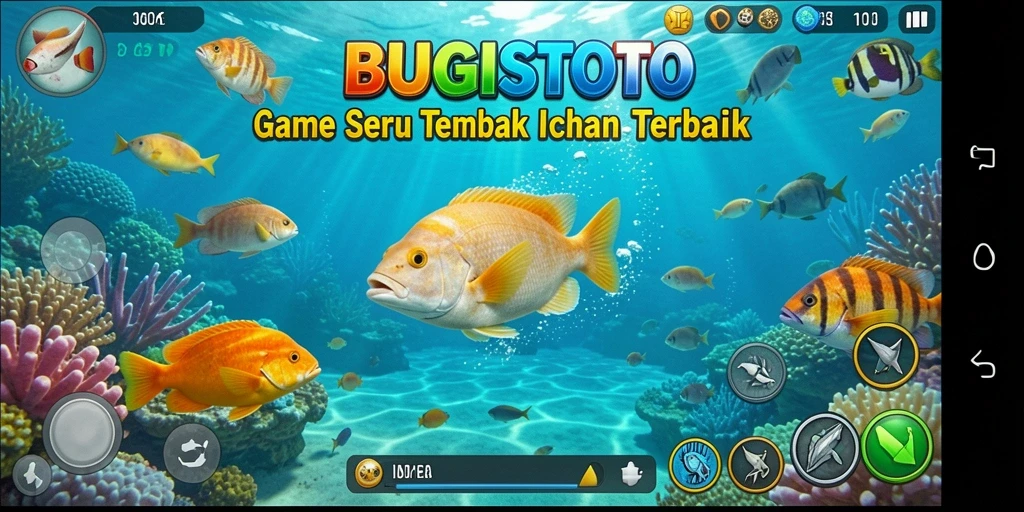 Screenshot BUGISTOTO menampilkan gameplay menembak ikan yang seru dan penuh warna.