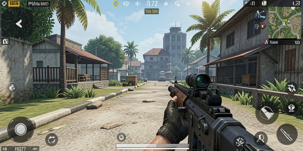 Tampilan gameplay seru dari EOS77 yang mempertontonkan aksi TPS.