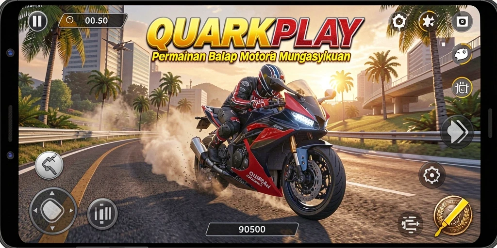 Tampilan aksi mendebarkan dalam permainan balap motor QUARKPLAY.